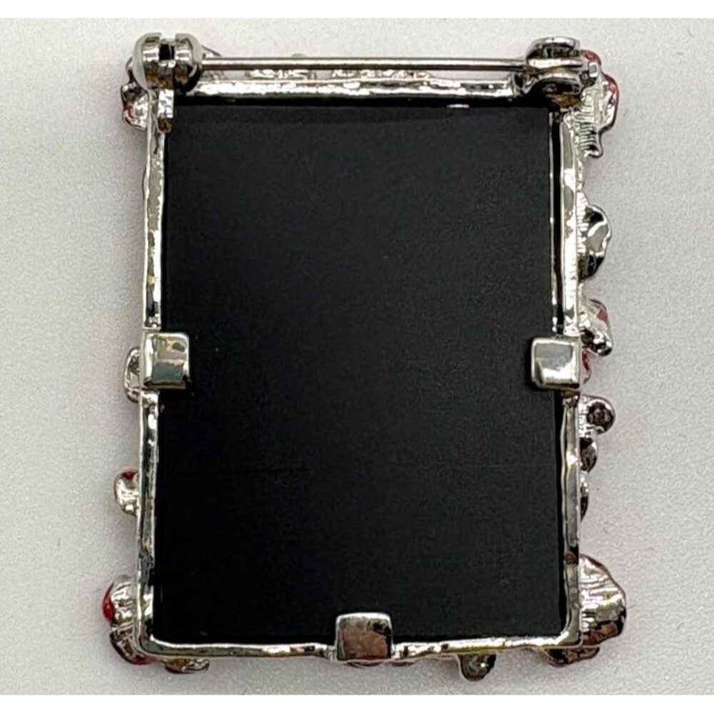 Red Rhinestone Photo Frame Brooch Pin Silver Tone Floral Enamel Holds Tiny Photo - Picture 3 of 5